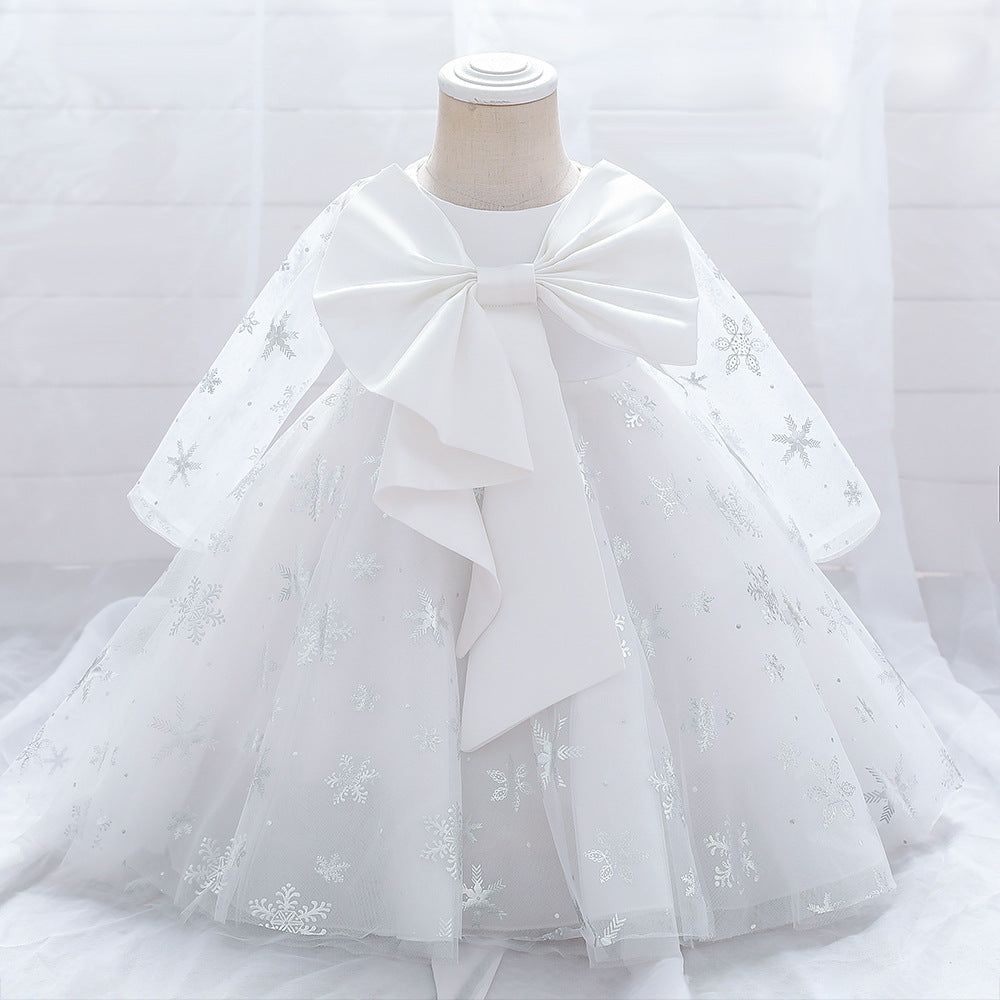 Kid Baby Girl Christmas Snowflake Princess Bow Puffy Dress