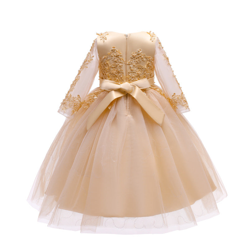 Kid Girl Wedding Pompous Gauze Princess Long Sleeve Sequin Mesh Dresses