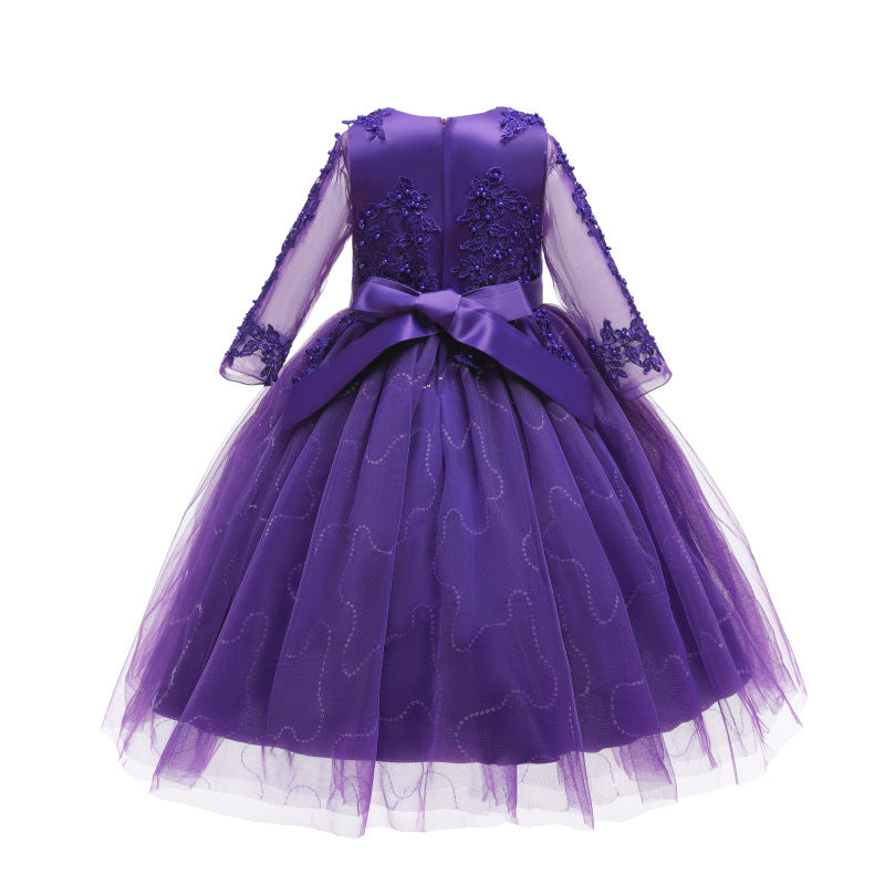 Kid Girl Wedding Pompous Gauze Princess Long Sleeve Sequin Mesh Dresses