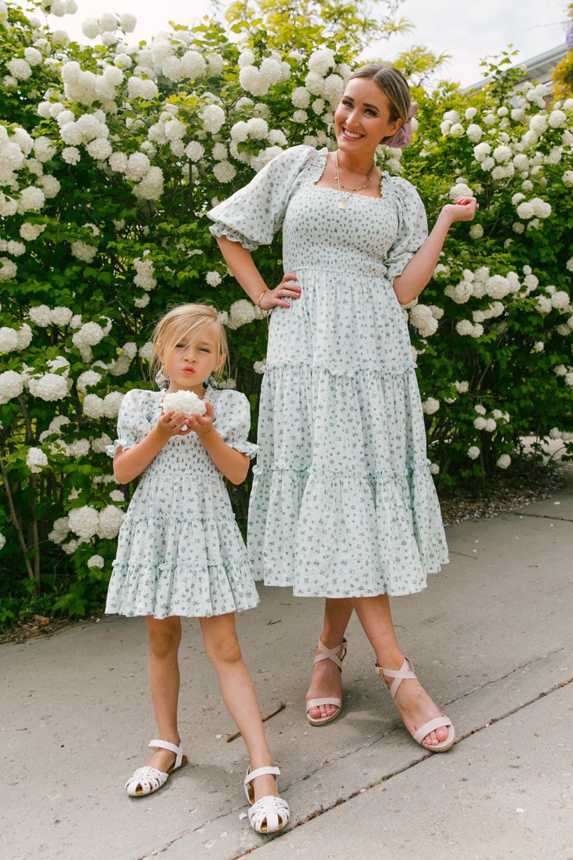 Family Matching Floral Digital Printed Summer Lantern Sleeve Dresses
