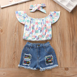 Kid Baby Girls Printed One-shoulder Jean Shorts 2 Pcs Sets
