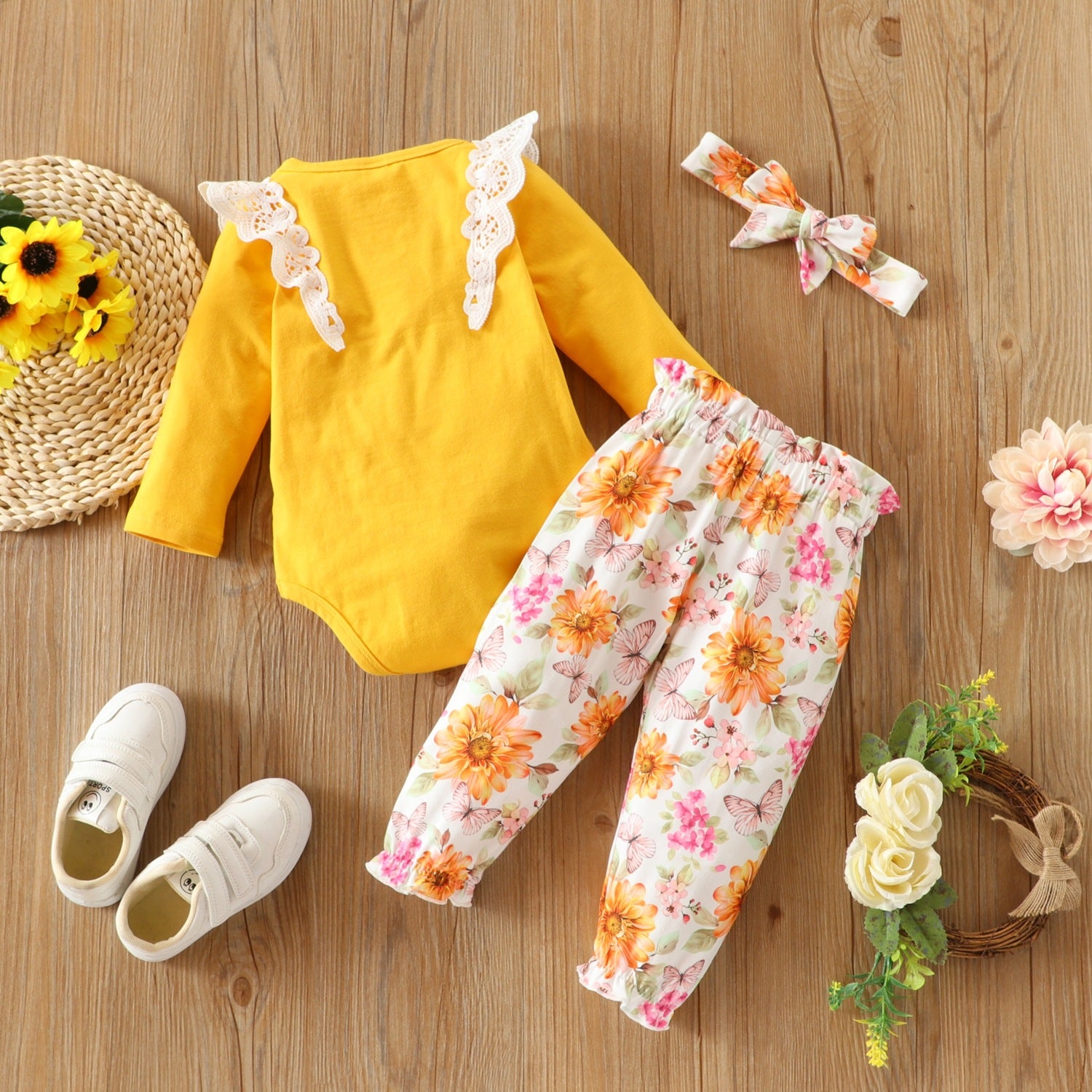 Baby Girl Long Sleeves Triangular Spring Flower 3 Pcs Sets