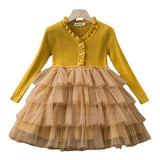 Kid Baby Girl Princess Knitted Cake Long Sleeve Mesh Puffy Dress