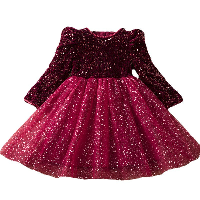 Kid Baby Girl Long Sleeve Sequin Princess Gauze Poncho Dress