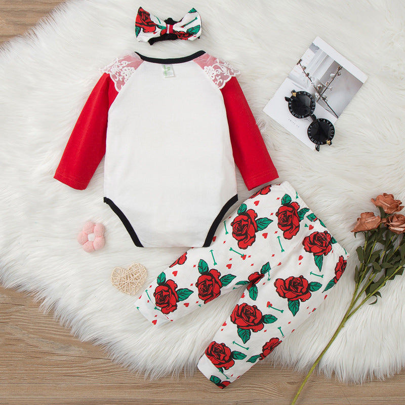 Baby Girl Valentine Love Printed Long Sleeve Flower 3 Pcs Set