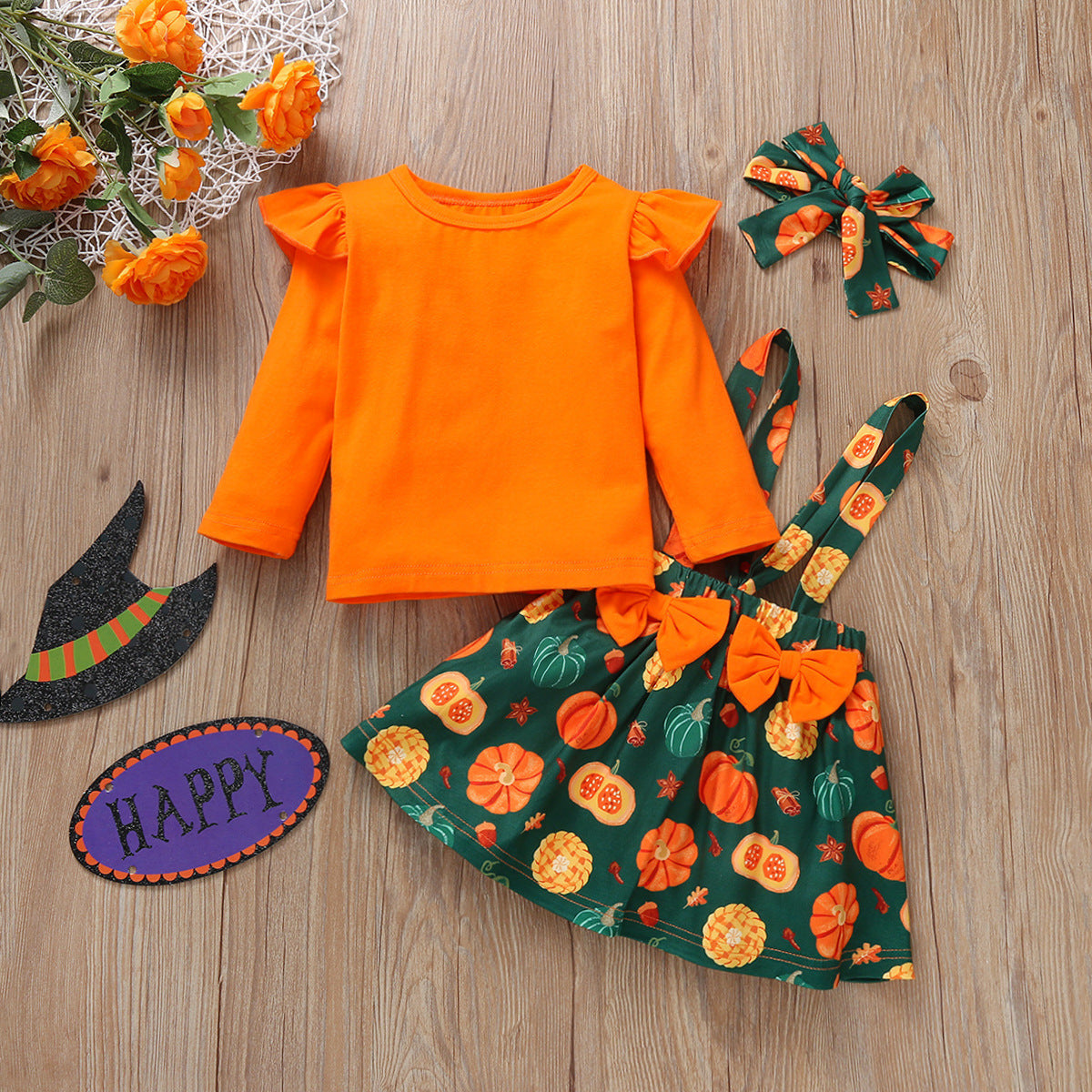 6M-5Y Kid Baby Girl Long Sleeve Round Neck Pumpkin Halloween 2 Pcs Sets
