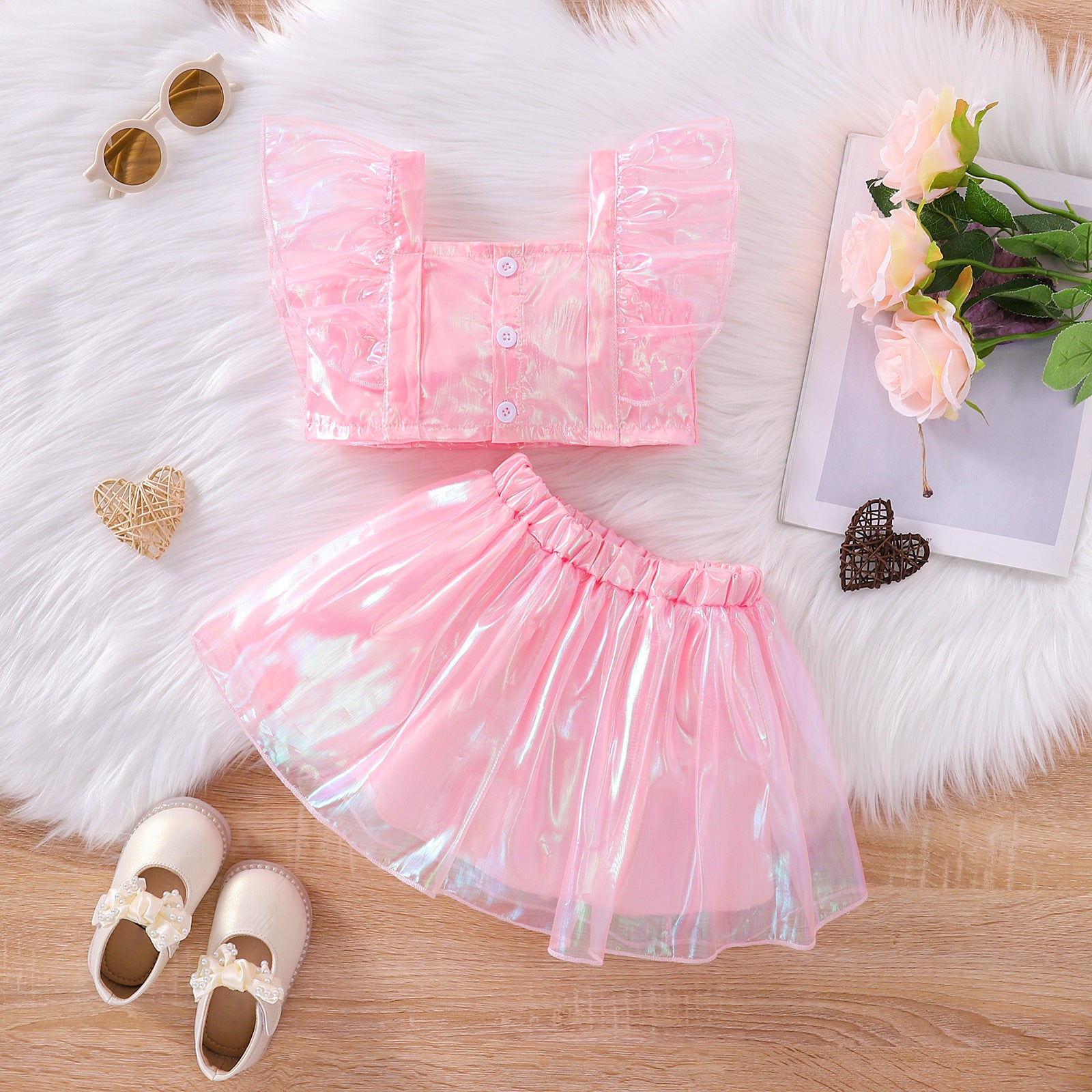 Kid Baby Girl Pink Sundress Straps Fluffy 2 Pcs Sets