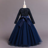 Kid Girl Sequins Birthday Evening Princess Piano Long Sleeves Dresses