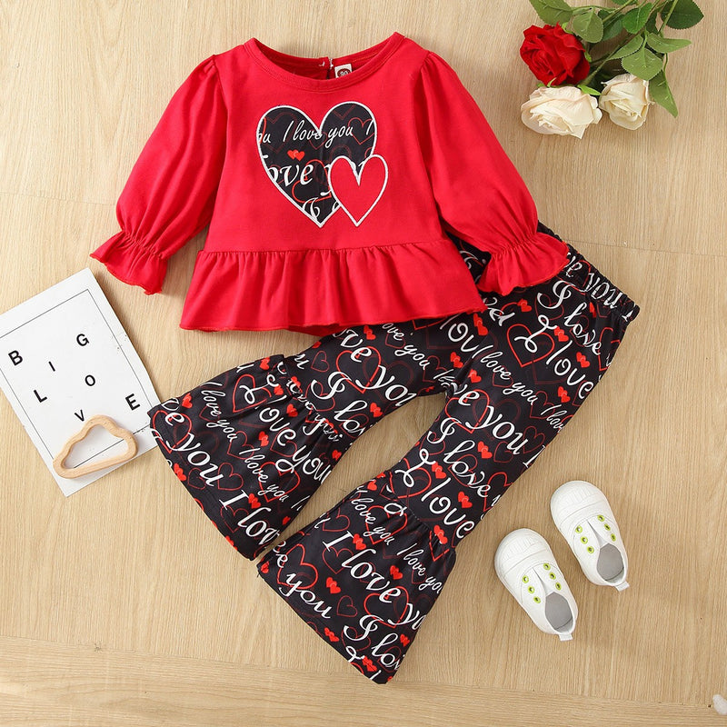 Kid Baby Girls Valentine's Day Set Love Letters Full Printed 2 Pcs Sets