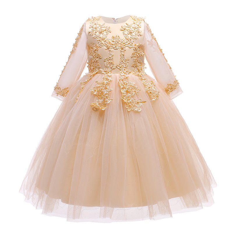 Kid Girl Wedding Pompous Gauze Princess Long Sleeve Sequin Mesh Dresses