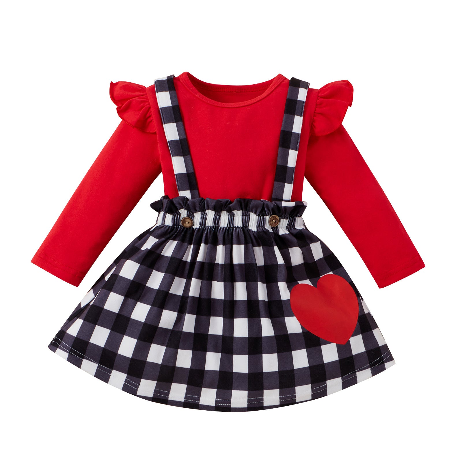 Infants Baby Girls Set Valentine's Day Long Sleeve Plaid Love Strap 2 Pcs Sets
