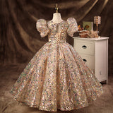 Kid Baby Girls Puffy Gauze Princess Flower Wedding Piano Performance Dress