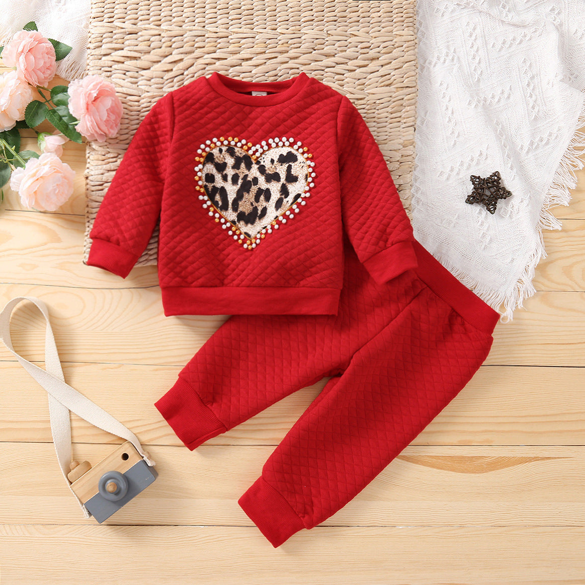 Kid Baby Girl Love Clip Cotton Leopard Valentine Set 2 Pcs