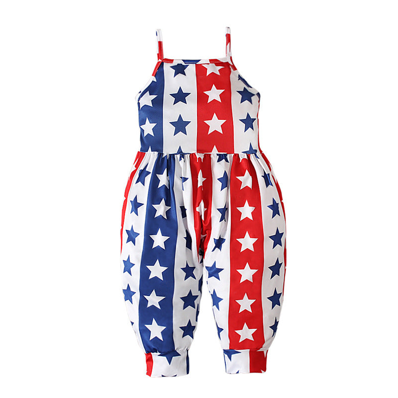 Kid Baby Girl Onesie Crawl Suit  American Flag Halter Pants Trousers