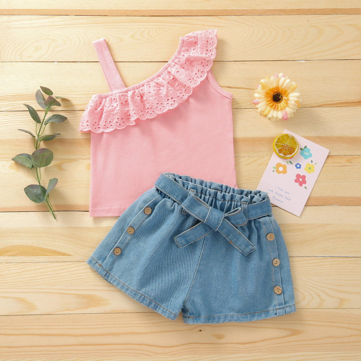 Kid Baby Girl Suit Ins Solid One Shoulder Sleeveless Jean Shorts 2 Pcs Sets