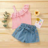 Kid Baby Girl Suit Ins Solid One Shoulder Sleeveless Jean Shorts 2 Pcs Sets