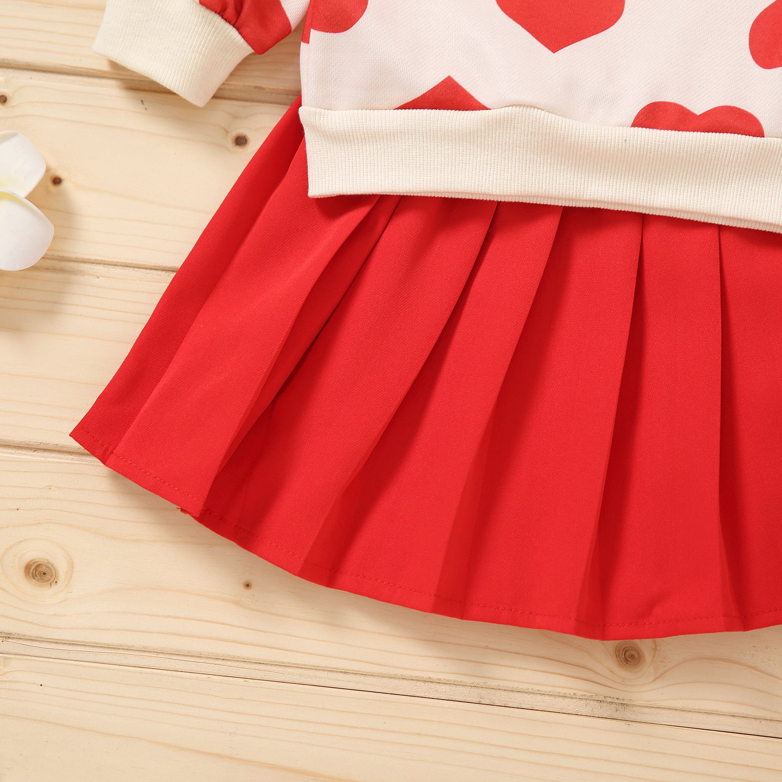 Girl Valentine's Day Autumn Dress Heart Printed Long Sleeves Pleated Sets 2 Pcs