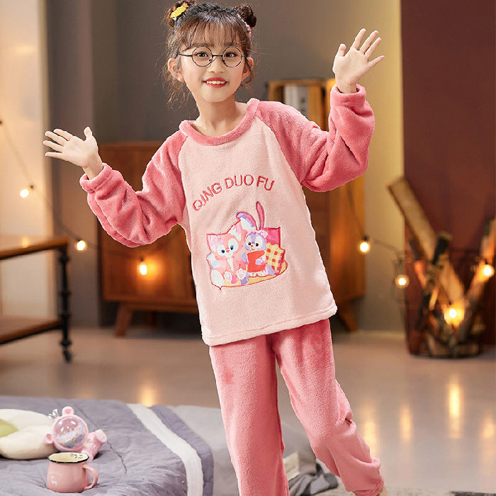 Kid Baby Girl Lovely Cartoon Long Sleeve Coral Velvet Autumn Pajamas