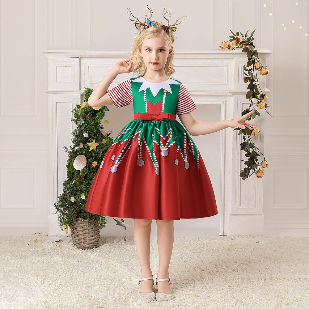 Christmas Kids Girl Cartoon Print Satin Dress