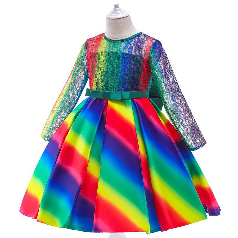 Kid Girl Christmas Gradual Long Sleeve Bow Lace Dress