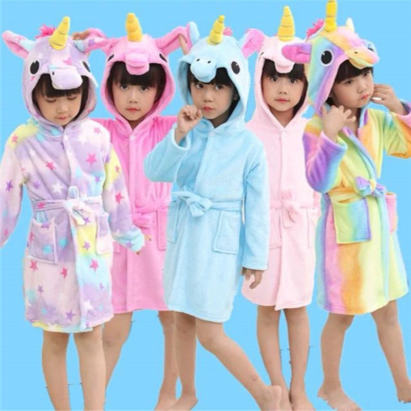 Kid Girl Flannel Pegasus Bathrobe Animal Gown Rainbow Cartoon Pajamas