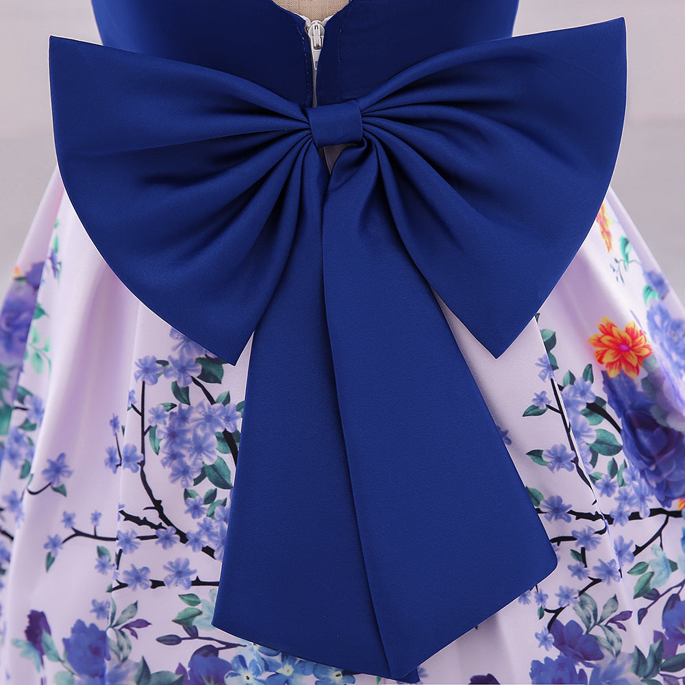 Kid Baby Girl Princess Bow-tie Printed Pleated Patchwork Dresses