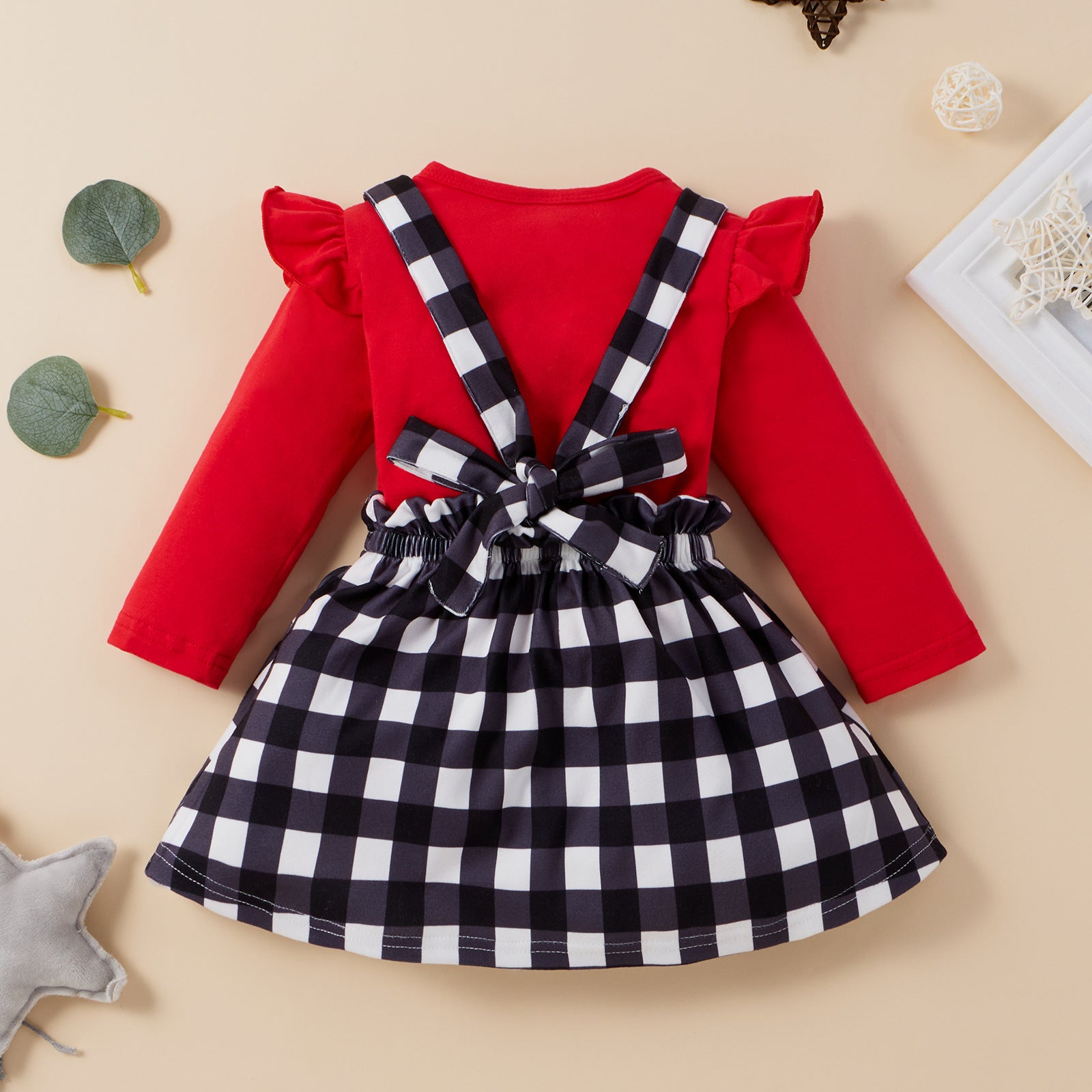 Infants Baby Girls Set Valentine's Day Long Sleeve Plaid Love Strap 2 Pcs Sets