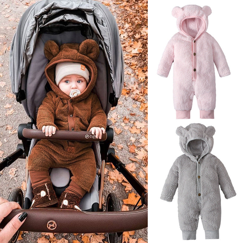 Boys Girls Boy Onesie Spring Winter Solid Color Hooded Fluffy Bear Rompers