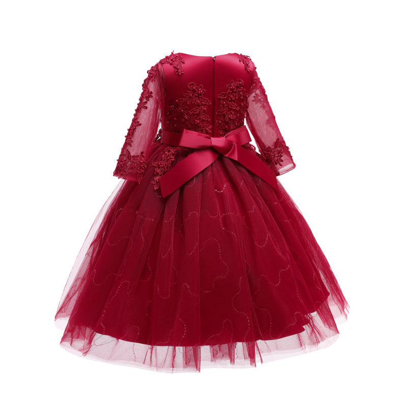 Kid Girl Wedding Pompous Gauze Princess Long Sleeve Sequin Mesh Dresses