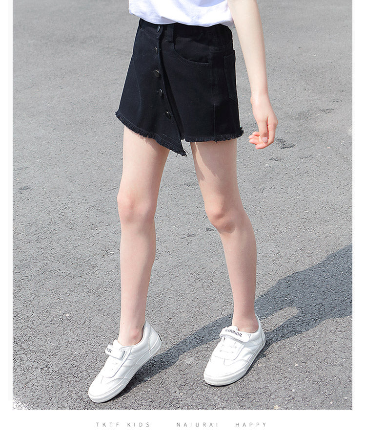 Kid Summer Girl Light Blue Irregular Casual College Wind Basic High Waist Skirts