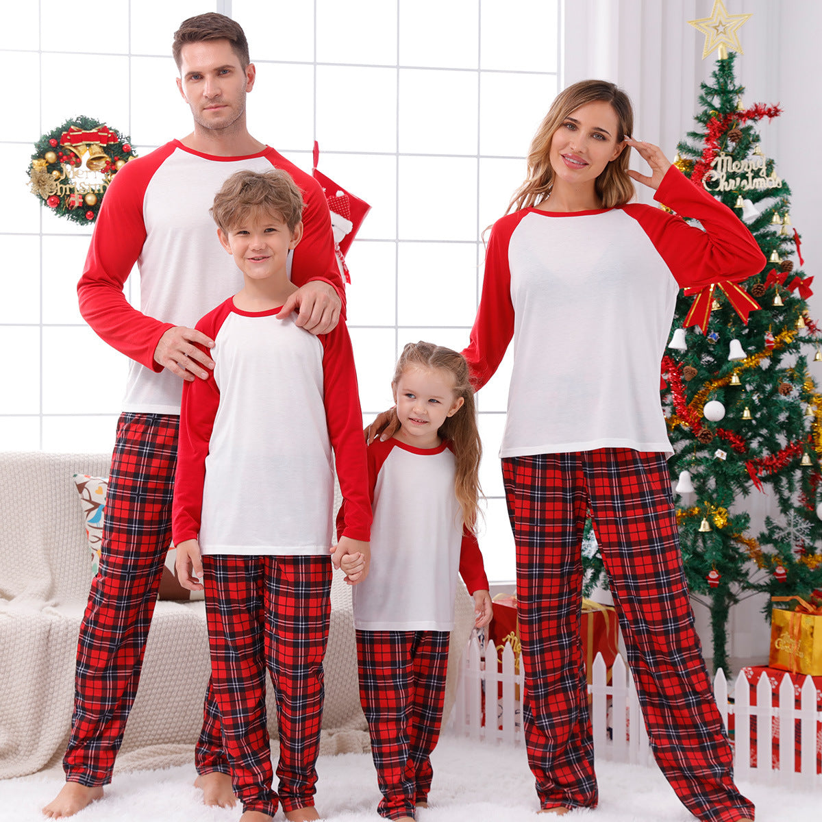 Family Matching Home Suit Christmas Plaid Patchwork Print Pajamas