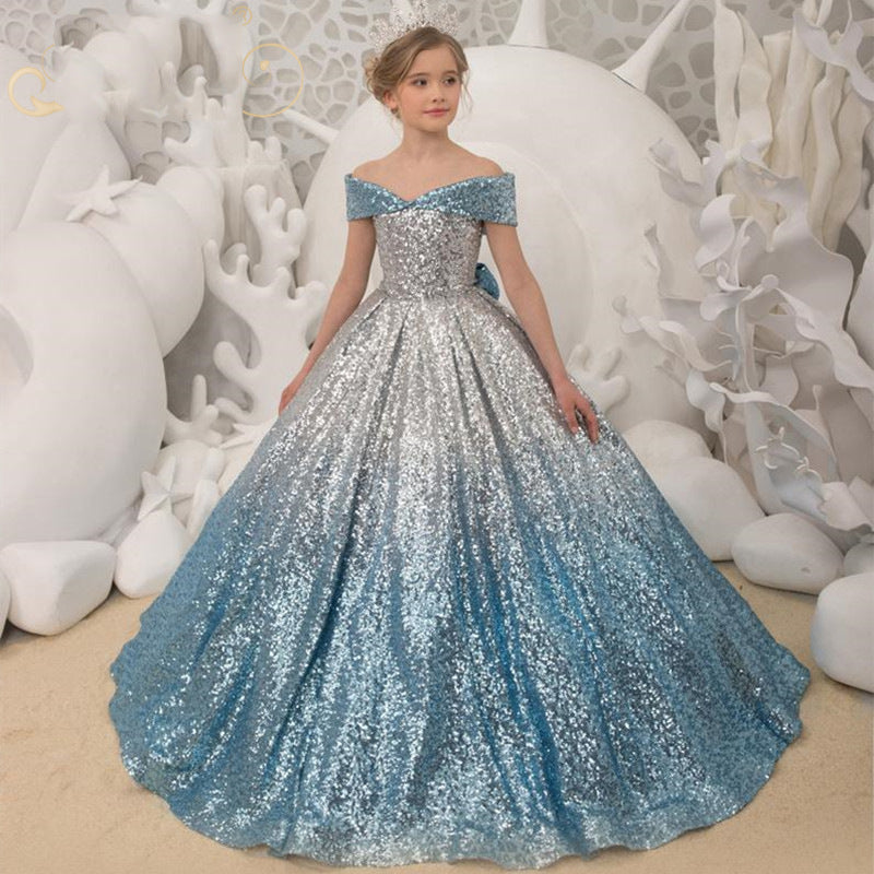 Kid Girl Silver Blue Gradual Long Tuxedo Piano Performance Dress
