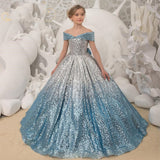 Kid Girl Silver Blue Gradual Long Tuxedo Piano Performance Dress