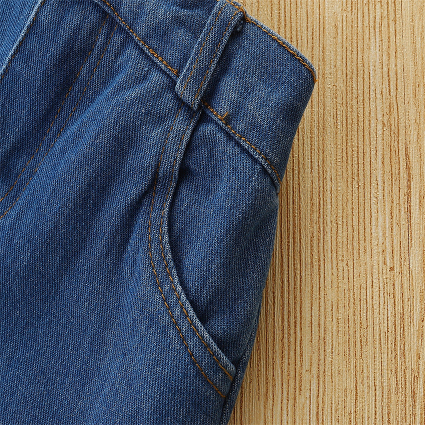 Kid Baby Girls Suit Summer Hole Stripe Bow Jeans 2 Pcs Sets