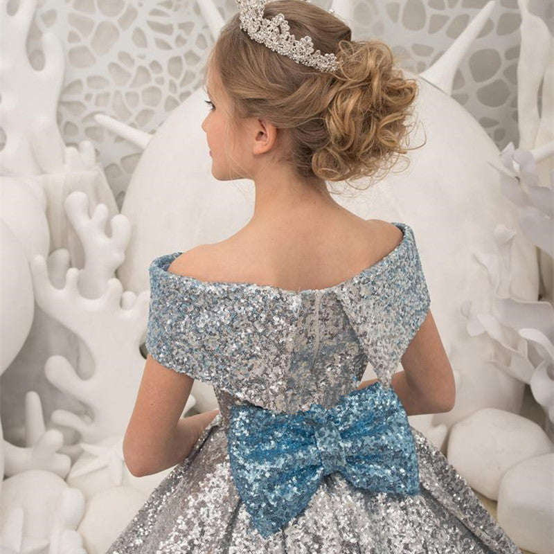 Kid Girl Silver Blue Gradual Long Tuxedo Piano Performance Dress