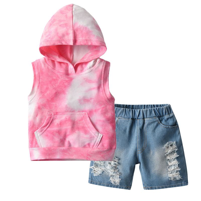 Kid Baby Boys Set Hooded Sleeveless Tie-dye Pullover 2 Pcs Set