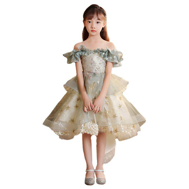 Kid Baby Girl Princess One-shouldered Wedding Host Piano Dresses