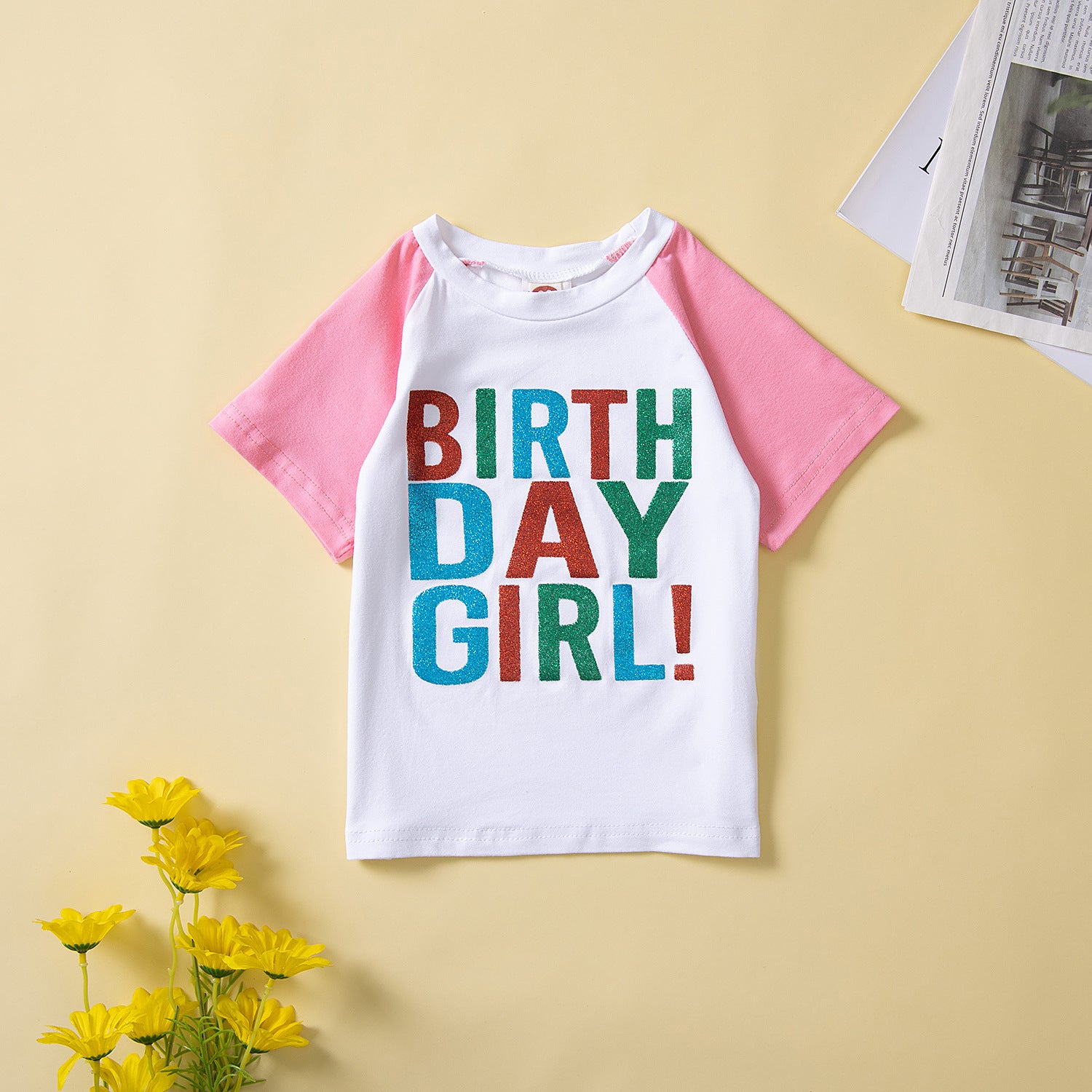 Kid Baby Girl Letter Printed Short Sleeve Crew Neck Colorful Set 2 Pcs