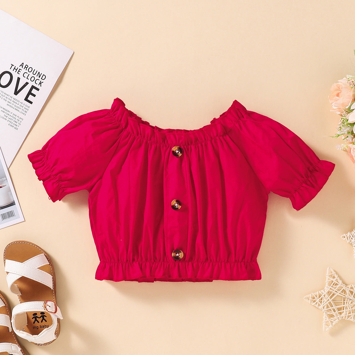 Baby Kid Girls Valentine's Day  Red One-line Shoulder Polka Dot 2 Pcs Sets
