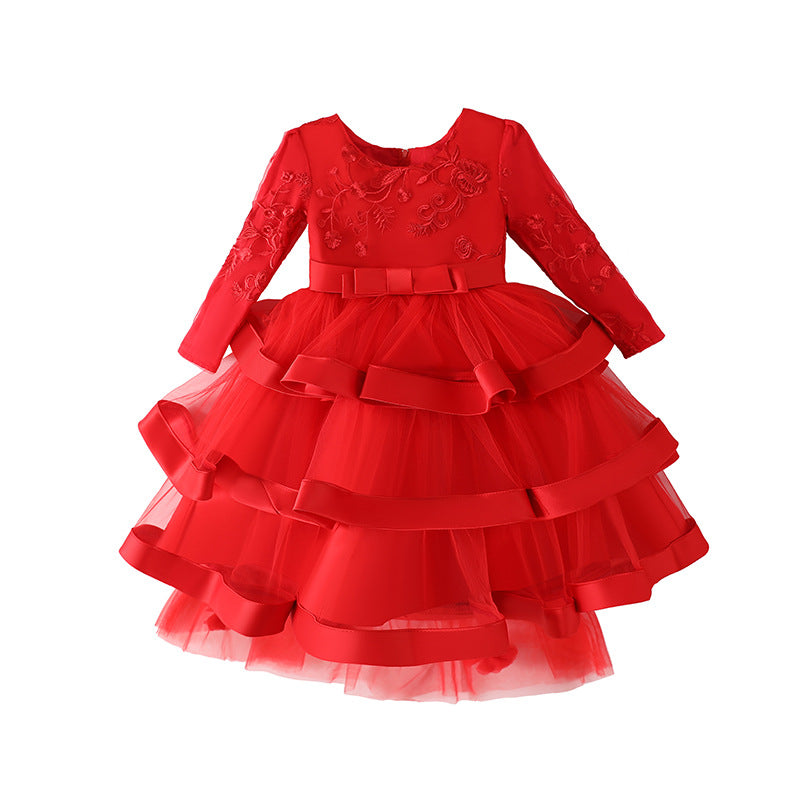 Kid Girl Flower Birthday Wedding Princess Long-sleeved Performance Dresses