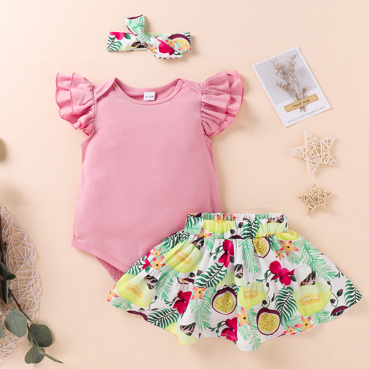 Baby Girls Flying Sleeves Round Collar Ins Fashion 3 Pcs Set