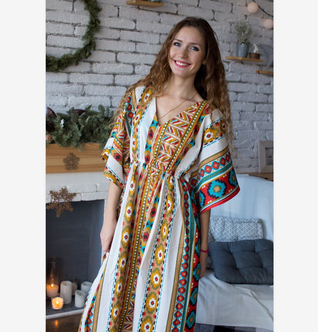 Family Matching Geometric Print V-neck Short Sleeve Long Dress