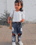 Kid Baby Girl Long Sleeve Jeans Hole Suit Spring Stripe 2 Pcs Sets