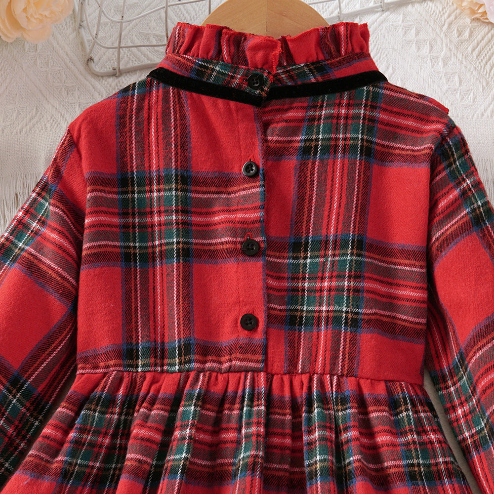 Kids Girl Red Plaid Christmas Bowknot Princess Patchwork Dress