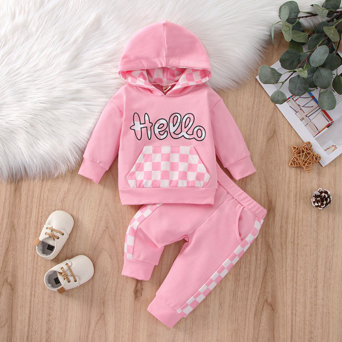 Baby Boy Girl Suit Plaid Hooded Solid Color 2 Pcs Sets