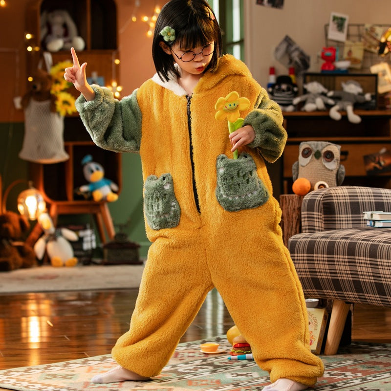 Kid Boy Thick Coral Velvet One-piece Cartoon Warm Flannel Pajamas