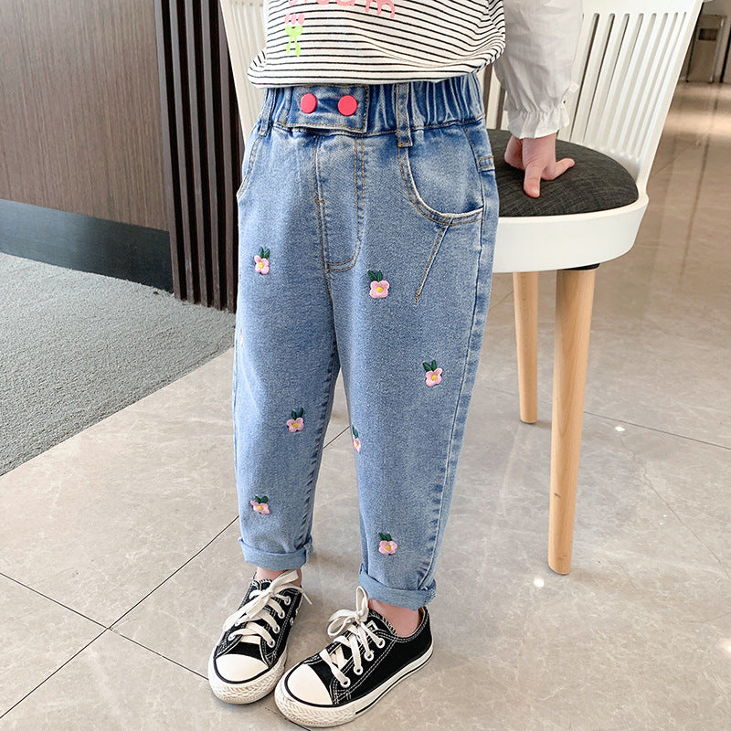 Kid Girls Flower Jeans Foreign Casual Trousers Spring Autumn Pants