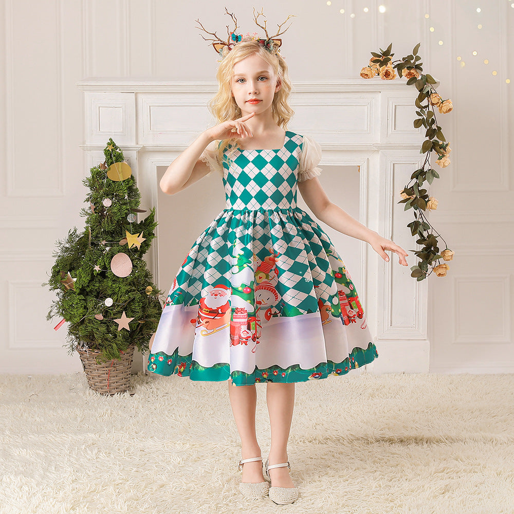 Christmas Kids Girl Cartoon Print Satin Dress