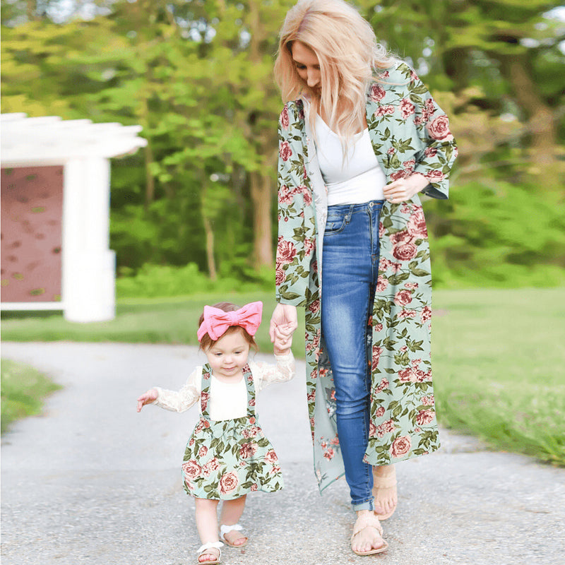 Family Matching Mother Daughter Floral Holiday Beach Leisure Dress Cape