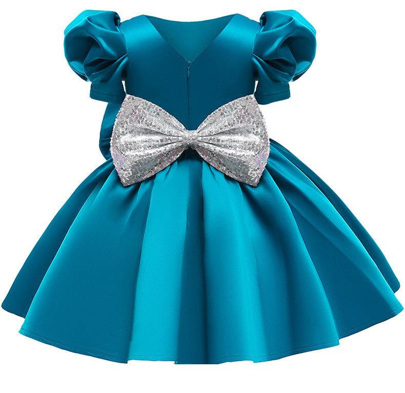 Kid Girl Princess Double Shoulder Bubble Sleeve Layer Bow Dresses